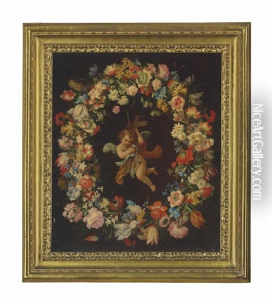 An Angel Carrying The Instruments Of The Passion, Surrounded By A Garland Of Carnations, Daffodils, Jasmine And Other Flowers Oil Painting - Francesco Mantovano