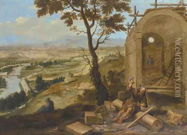 An extensive river landscape with a monk constructing a church Oil Painting - Paolo Fiammingo