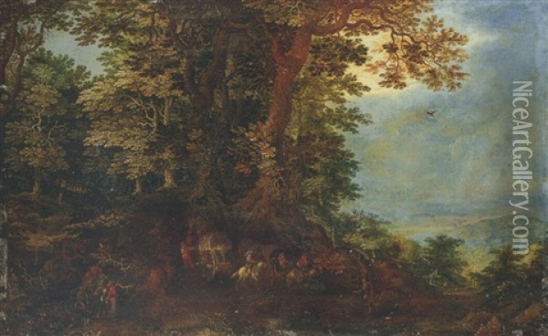 An Extensive Landscape With Travellers And Wagons On A Forest Path Oil Painting - Denis van Alsloot