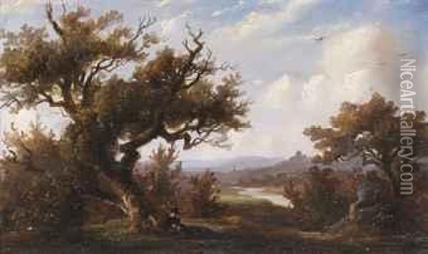 A Figure Resting In The Shade Of A Large Oak Tree Oil Painting - Johannes Tavenraat
