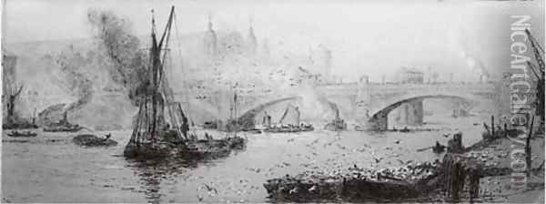 Barges on the Thames before Southwark Bridge Oil Painting - William Lionel Wyllie