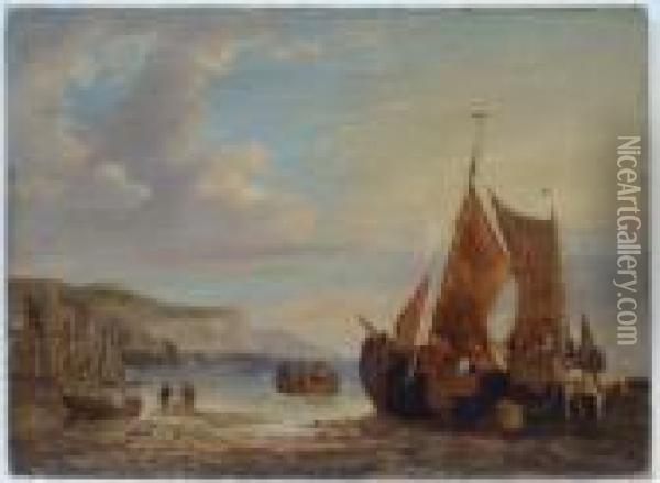 A Beach Scene With Fishermen Unloading Their Catch Oil Painting - William Joseph Shayer