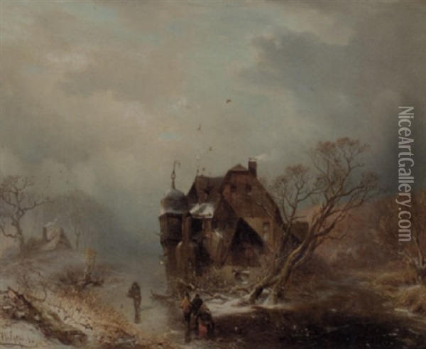 Figures On The Ice By A Mansion Oil Painting - Carl Hilgers