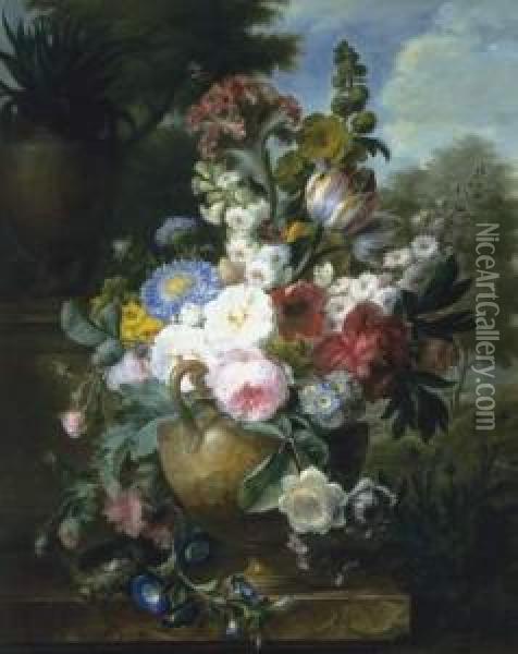 Bouquet De Fleurs Dans Un Vase Pose Sur Un Entablement De Marbre Avec Un Nid D'oiseaux Oil Painting - Cornelis van Spaendonck