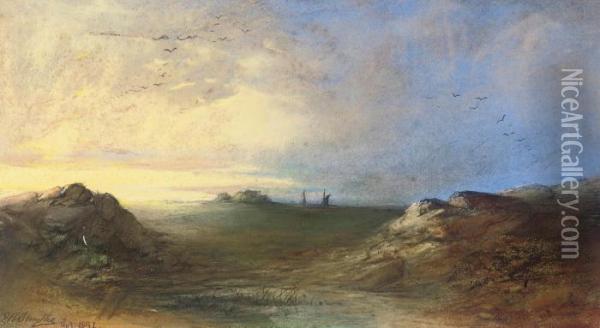 Sunset Over The Heath, Shipping In The Distance Oil Painting - Edward Robert Smythe