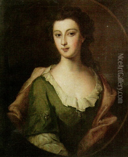 Portrait Of A Lady Wearing A Green Dress And Red Shawl Oil Painting - Philip Mercier