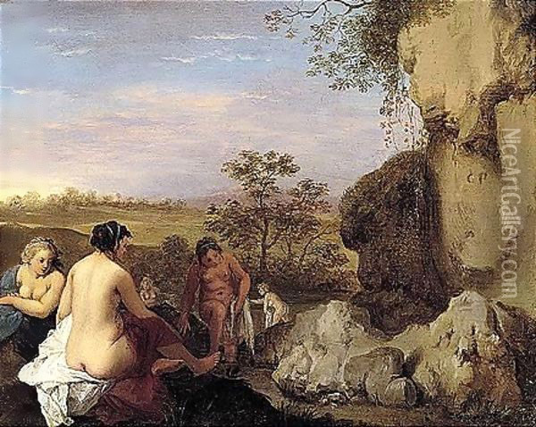 A Classical Landscape With Bathing Nymphs Oil Painting - Cornelis Van Poelenburgh