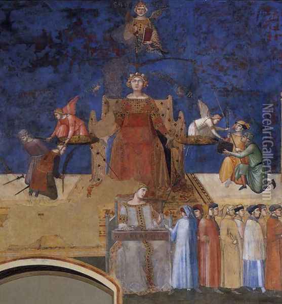 Allegory of the Good Government (left view, detail) 1338-40 Oil Painting - Ambrogio Lorenzetti
