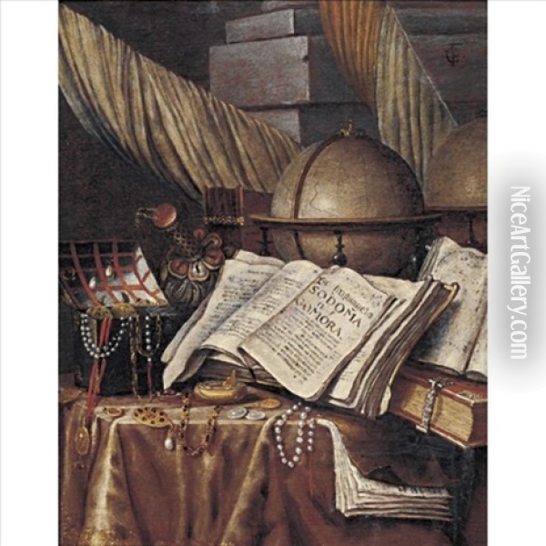 Vanitas Still Life With A Globe, Books And A Box Of Jewels All Resting On A Draped Table Oil Painting - Edward Collier