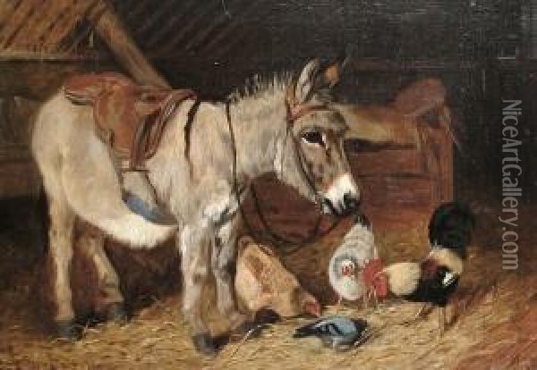 Donkeys And Chickens In A Barn, A Pair Oil Painting - Arthur Batt