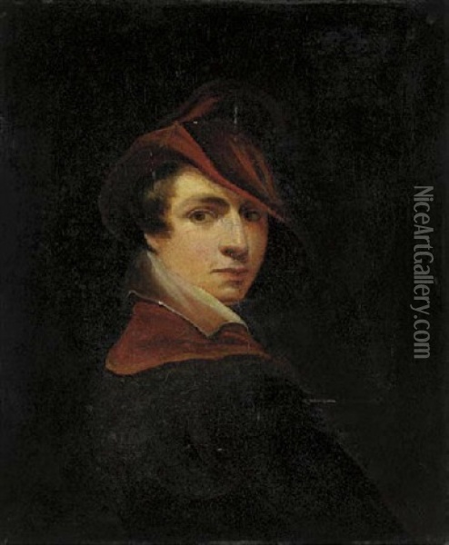 Portrait Of The Artist (?) In A Brown Coat With Red Collar And Red Hat Oil Painting - George Jones