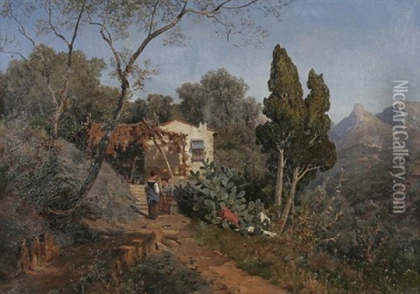 Italienische Gebirgslandschaft Mit Kleinem Bauernhaus Oil Painting - Ascan Lutteroth