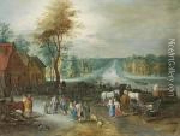 A Village Scene With Peasants Conversing By A Canal Oil Painting - Jan Brueghel the Younger