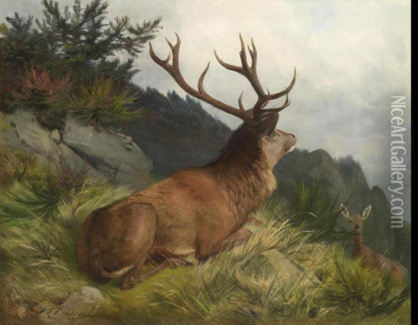 Stag In A Landscape Oil Painting - Carl Friedrich Deiker