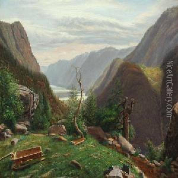 Mountain Scenery With A View Of The Sea Oil Painting - Eiler Rasmussen-Eilersen