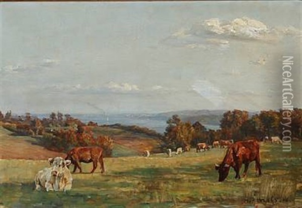 Landscape With Grazing Cows Oil Painting - Niels Pedersen Mols