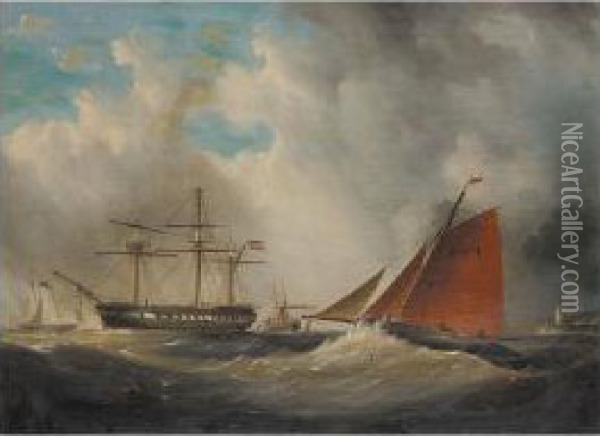 A Cutter And Man O' War In A Harbour Entrance; The Rescue Oil Painting - Arthur Wellington Fowles