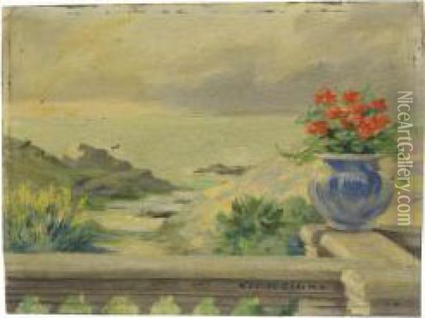 Vase De Geraniums Sur Une Balustrade A Belle-ile En Mer Oil Painting - Louise Abbema