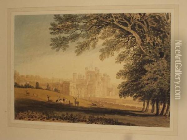 Deer Grazing Before A Castle, Possibly Balmoral Castle, Aberdeenshire Oil Painting - Robert Hills