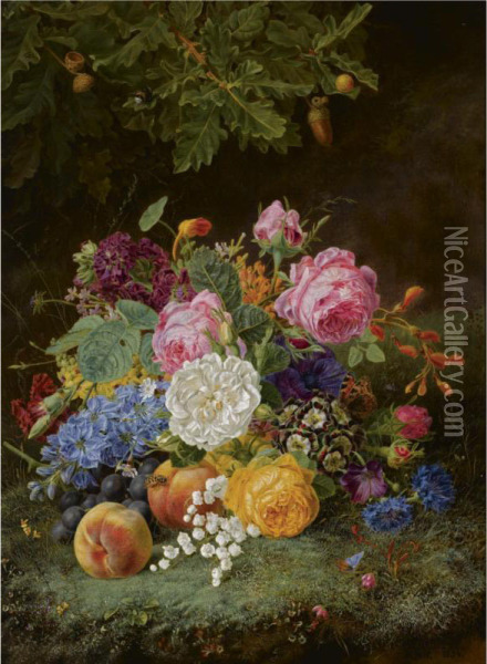 A Still Life With Flowers And Fruit On A Forest Ground Oil Painting - Henriette Geertruida Knip