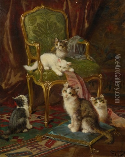 Kittens Playing On A Green Louis Xv Fauteuil Oil Painting - Leon Charles Huber