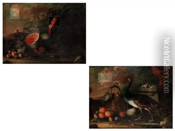Fruchtestilleben Mit Einem Truthahn; Fruchte Und Fruchtekorb Neben Einem Pfau (pair) Oil Painting - Angelo Maria (Crivellone) Crivelli