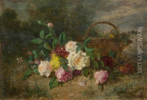 Still Life Of Roses With A Basket Oil Painting - Jean Alexandre Remy Couder