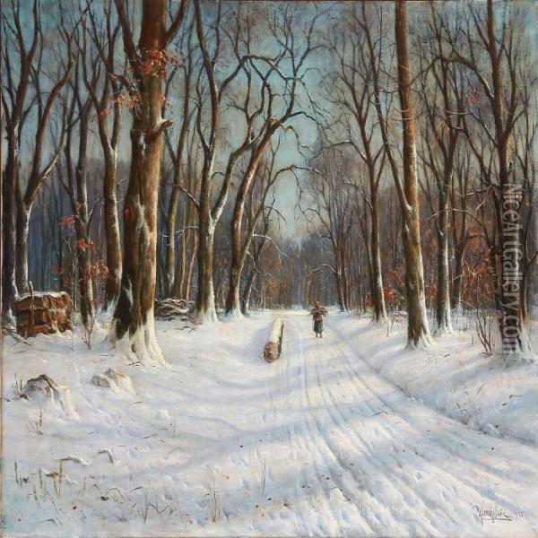 Snowy Forest Road With A Woman Carrying Firewood Oil Painting - Hans Hilsoe