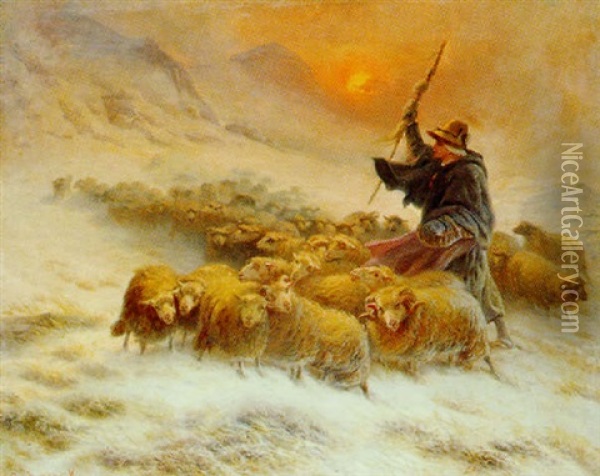 Berger Et Moutons Dans La Neige Oil Painting - August Friedrich Albrecht Schenck