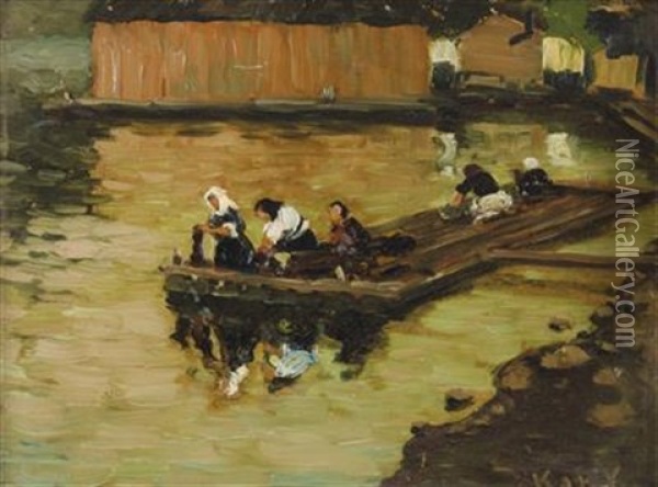 Wascherinnen Am Fluss Oil Painting - Kato Kalmar