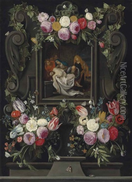 The Lamentation, In A Sculpted Cartouche On A Ledge, Surrounded By Swags Of Flowers With Butterflies And A Beetle Oil Painting - Jan van Kessel the Elder
