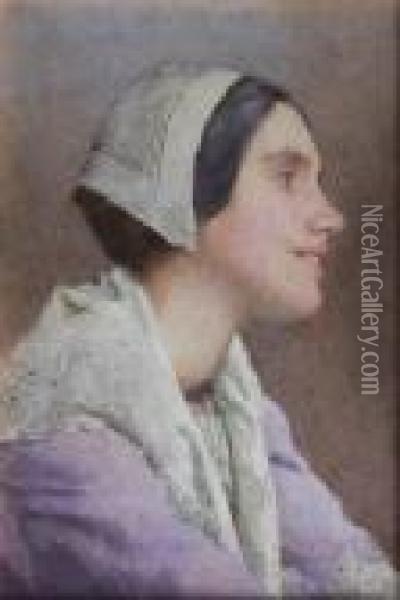 Portrait Of A Girl Wearing A Lilac Dress Witha White Lace Shawl And Cap Oil Painting - John Wainwright