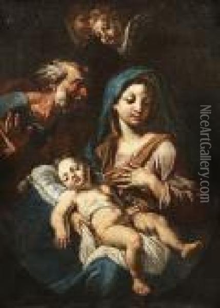 The Holy Family, In A Painted Oval Oil Painting - Martino Hohenberg Altomonte
