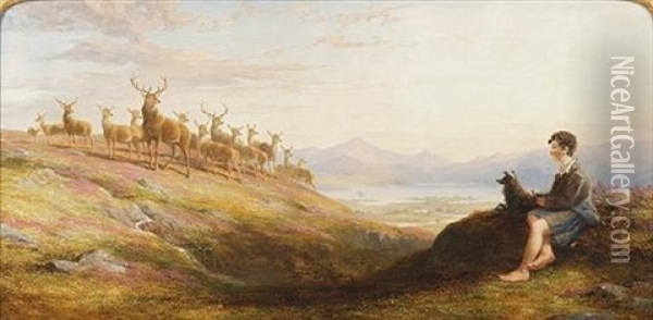 Red Deer Feeding Up-hill In The Morning (the Corrie Buie Of Ben-a-bourd, In The Distance-invercauld Forest) Oil Painting - James William Giles