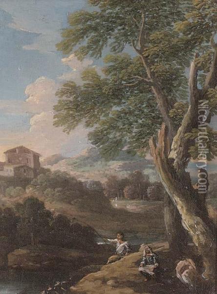 A Wooded River Landscape With Anglers By A Tree, A Villa Beyond Oil Painting - Jan Frans Van Bloemen (Orizzonte)