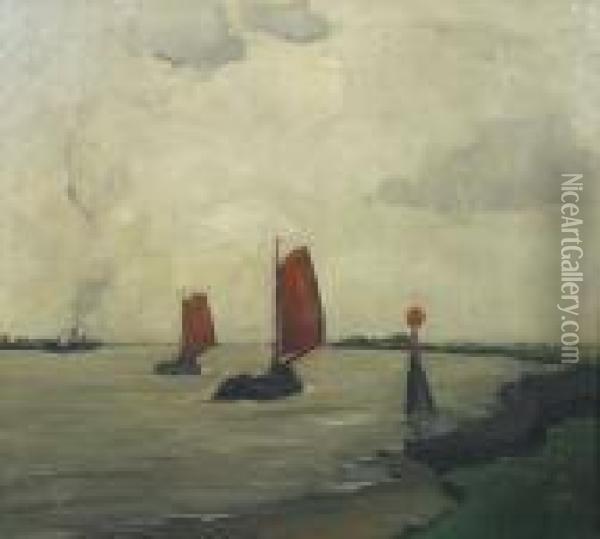 Scheldegezicht Met Zeilbootjes. Oil Painting - Oscar Verpoorten