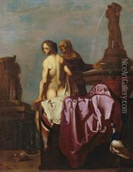 Bathseba Und Ihre Dienerin. Oil Painting - Cornelis Van Poelenburch