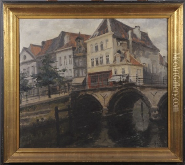 Pont A Brugge Oil Painting - Gaston Haustrate