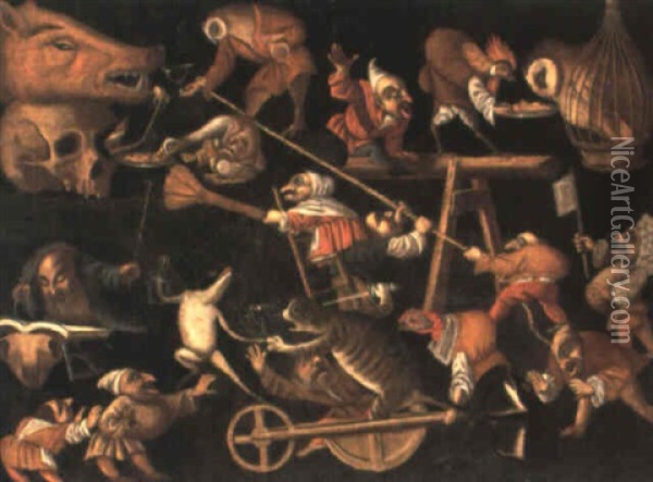 Imaginary Animals And Dwarves Fighting, Drinking And Carousing Oil Painting - Faustino Bocchi