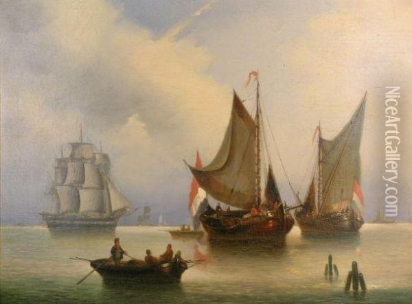 Dutch Sailboats Moored In An Estuary Oil Painting - Willem Jun Gruyter