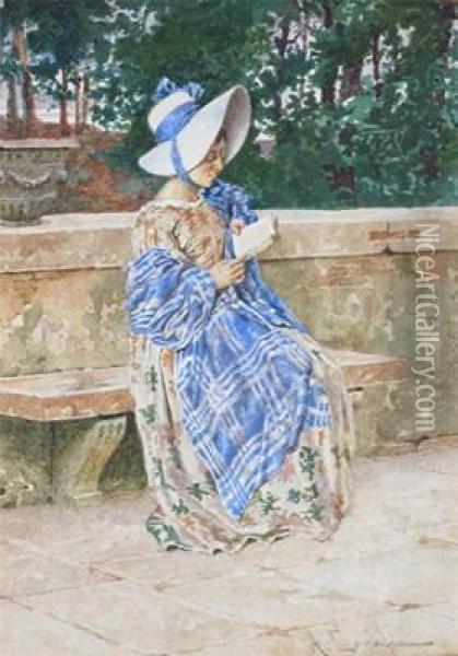 A Lady Seated On A Stone Bench Reading A Book Oil Painting - A. Canella