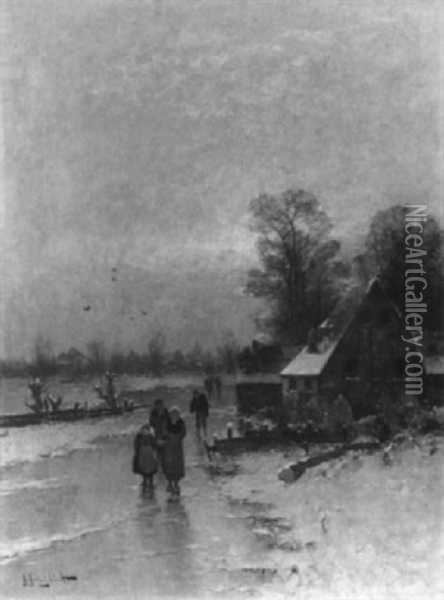 Winterabend Am Niederrhein Oil Painting - Johann Jungblut