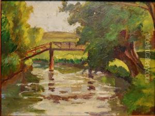 River With Wooden Bridgeabove Oil Painting - Frederick J. Porter
