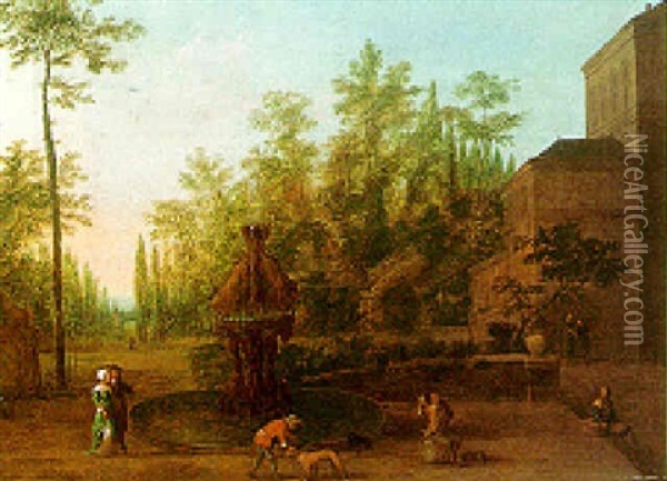 An Ornamental Garden With Figures Walking Beside A Fountain Oil Painting - Isaac de Moucheron