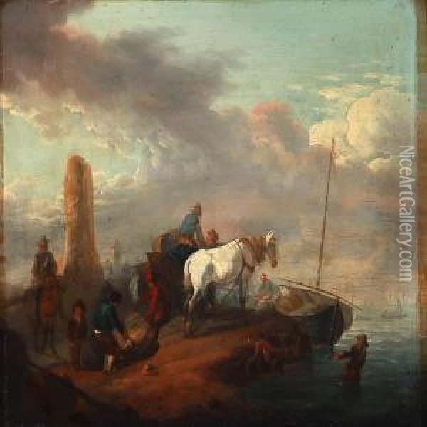 Coastal Scene With Fishermen And Travellers On Their Way To A Boat Oil Painting - Johann Conrad Zeller