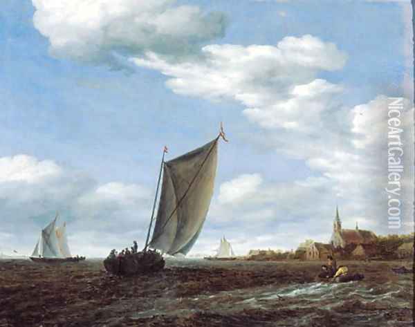 A river landscape with a wijdschip sailing before the wind and a rowing boat with other shipping, a village beyond Oil Painting - Salomon van Ruysdael