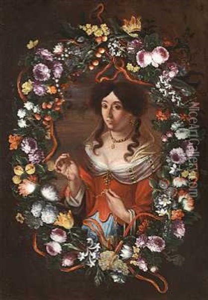 Kvinde, Omkranset Af Blomster, Holdende En Guldkaede Med Hjerte Oil Painting - Mario Nuzzi