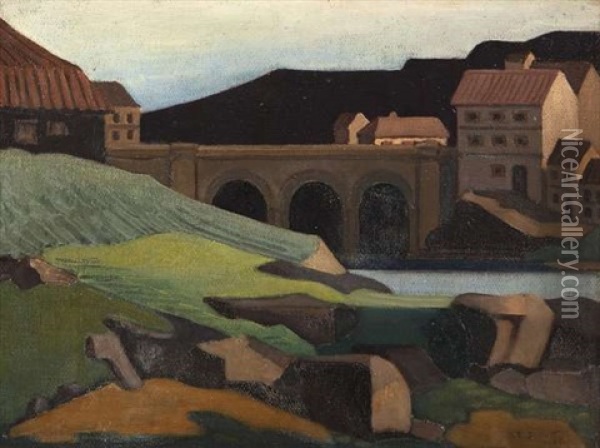 French Landscape With Bridge Oil Painting - Mainie Harriet Jellett