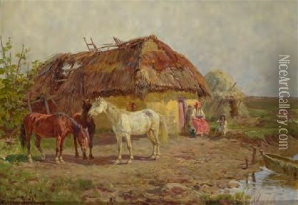 Gehoft In Der Puszta Mit Pferden Oil Painting - Fritz Ritter von Venne
