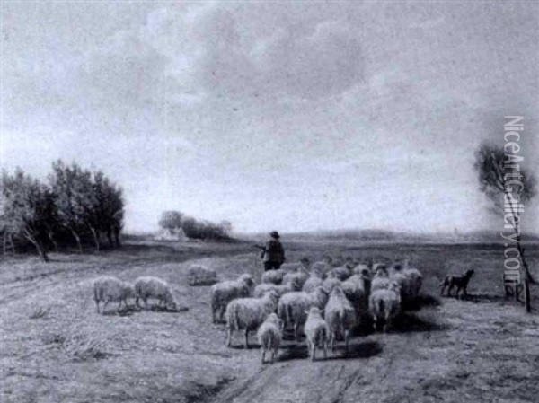 Schafer Mit Seiner Herde Auf Einem Wiesenstuck Am Feldweg Oil Painting - Cornelis van Leemputten